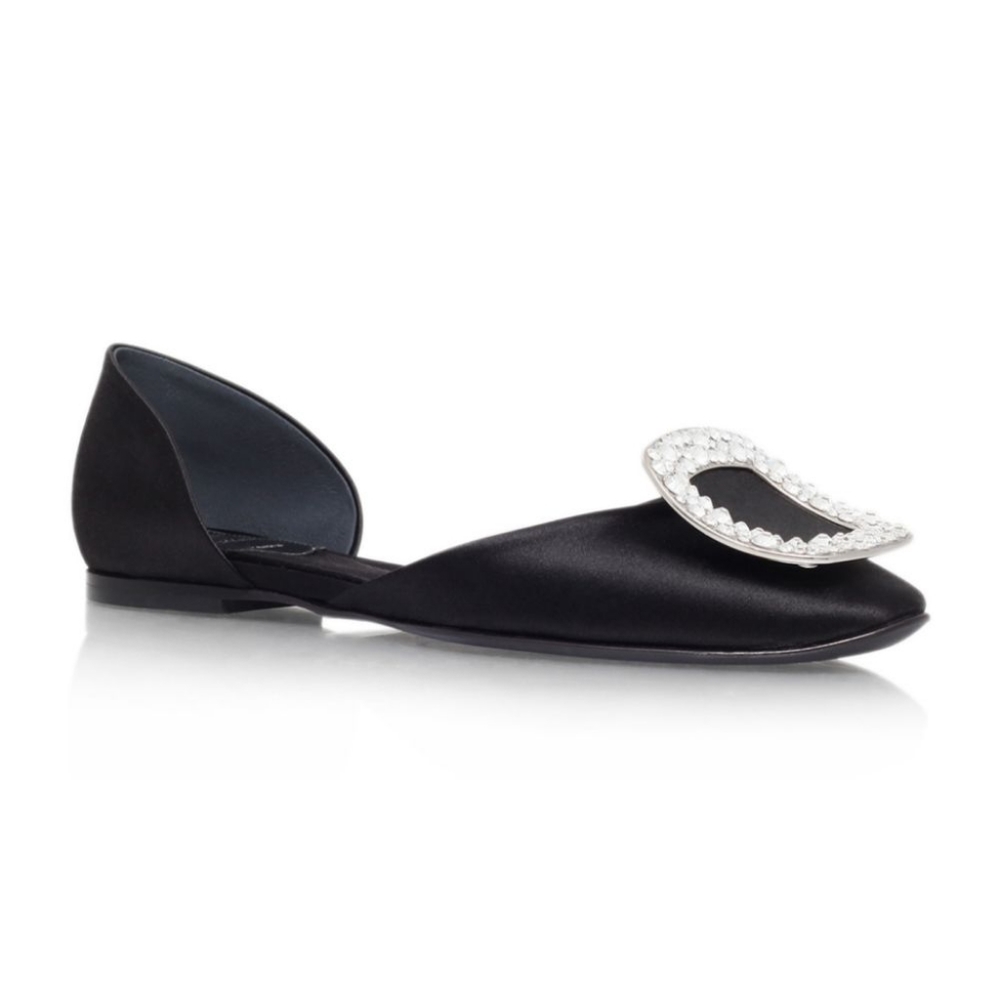 Roger Vivier Black Satin D'Orsay Flats with Crystal Buckle